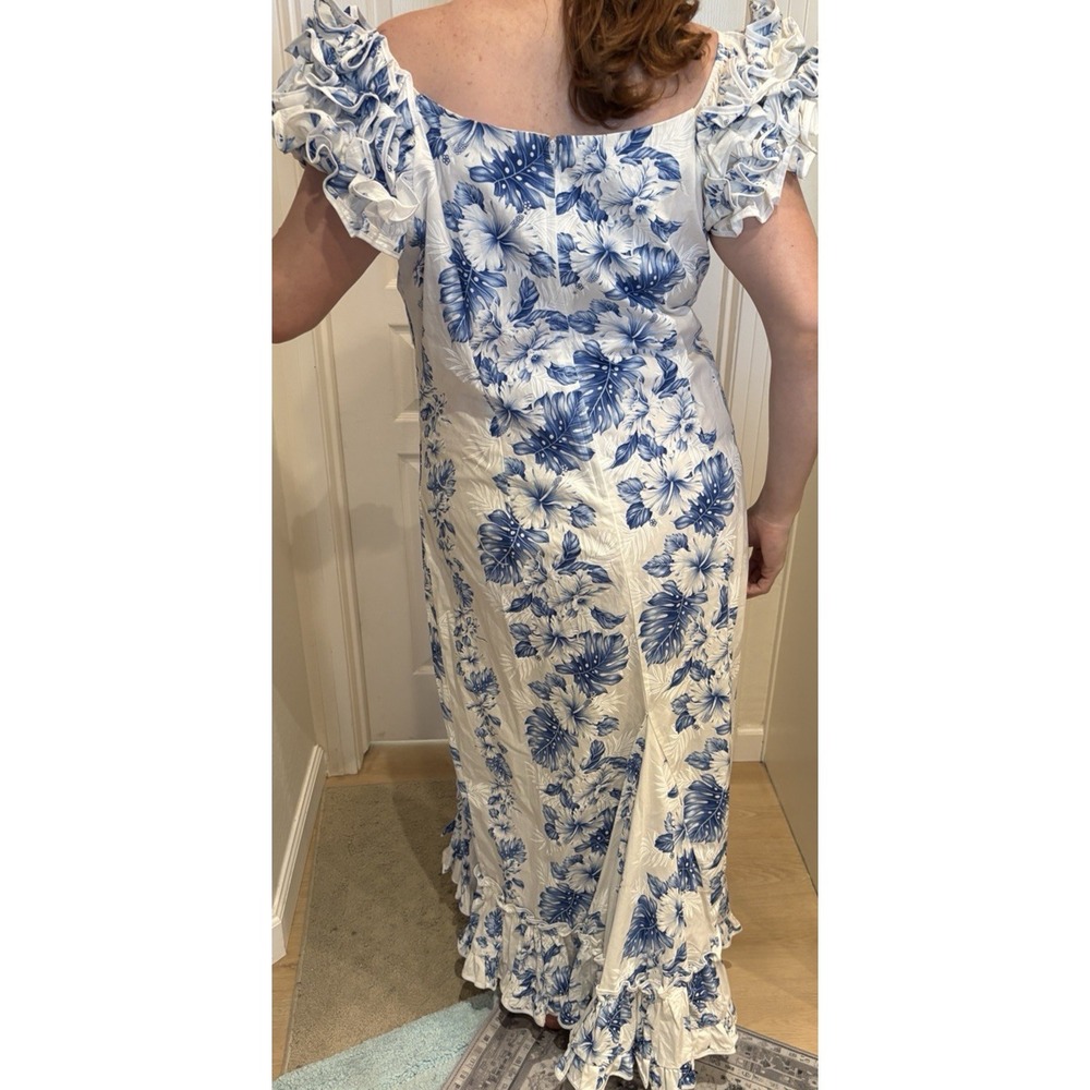 KY'S Made in Hawaii blue Floral 100% Cotton‎ ruffled Maxi Dress XL 3X  NWT - Picture 3 of 16